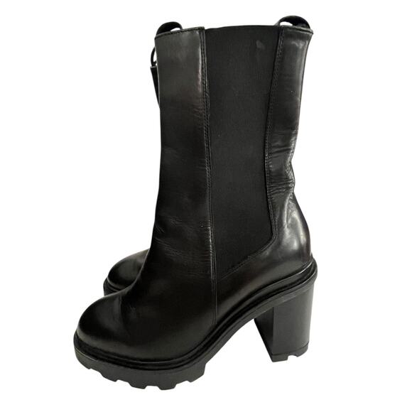 Annabella Sia Mid-Calf Boots •Women 41/ US 10• Black Leather Heels Lug Chelsea - Picture 1 of 12